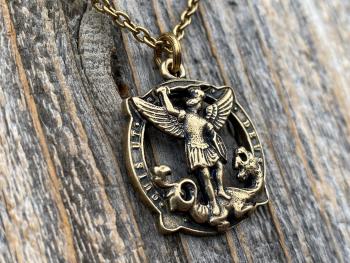 Antique Gold Latin St Michael Quis Ut Deus Rare Medallion Necklace, Antique Replica Saint Michael the Archangel, Protection Medal Pendant