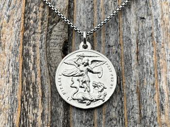 Shiny Sterling Silver St Michael the Archangel & Guardian Angel Medal Pendant on Necklace, Antique Replica of Rare Two-Sided Medallion, M3