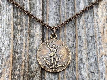 Bronze St Michael Medallion Necklace, Antique Replica French Saint Michael the Archangel Pendant, Souvenir of Mont St Michel France by Penin