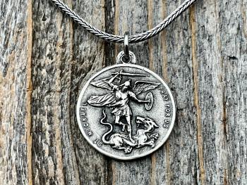 Sterling Silver St Michael the Archangel & GuardianAngel Medal Pendant on Necklace, Antique Replica Rare Two-Sided Protection Medallion, M3