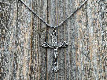 Sterling Silver Sacred Heart of Jesus Crucifix, Pendant Necklace, Antique Replica, Large Sterling Silver Crucifix, Big Sacred Heart Pendant