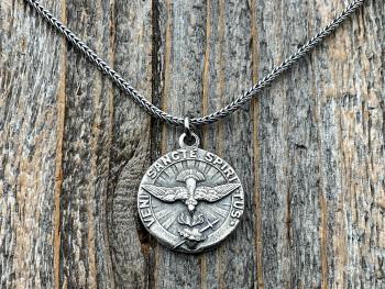 Sterling Silver Come Holy Ghost Medal, Holy Spirit Pendant Necklace, Antique Replica, Sacred Heart of Jesus, Veni Sancte Spiritus, VSS-1