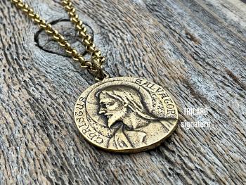 Antique Gold Jesus Christ Medallion Pendant, French Antique Replica, Signed by Louis Tricard, Latin Christus Salvator - Christ the Savior