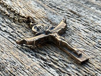 Bronze Trinity Crucifix Pendant and Necklace, Antique Replica, Father Son and Holy Spirit Medal, 3-in-1 Crucifix, Latin: A HERI HODIE SEMPER