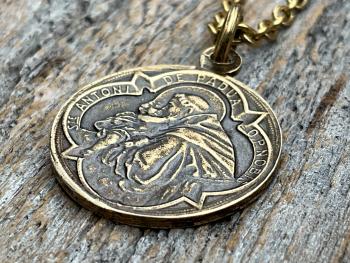 Antique Gold St Anthony of Padua Medallion & Necklace, Antique Replica of French Latin Medal, Two-Sided Pendant with St Francis of Assisi