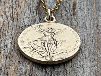 Gold St Michael Medallion Necklace, Antique Replica French Saint Michael the Archangel Pendant, Souvenir of Mont St Michel France by Penin