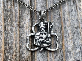 Antiqued Pewter Saint Patrick Shamrock Medal Pendant & Necklace, Antique Replica of Rare Medallion, Irish Catholic Unisex Silver Jewelry