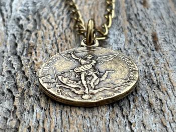 Antiqued Gold St Michael Medallion Necklace, Antique Replica French Saint Michael the Archangel Medal, Souvenir Mont St Michel France, Penin