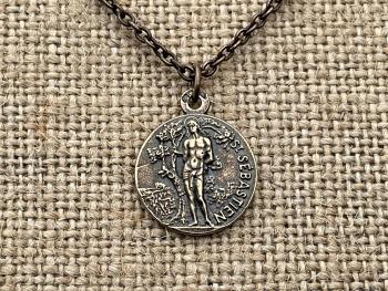 Saint Sebastian Bronze Medal and Necklace, Antique Replica, Patron Saint of Athletes & Soldiers Pendant, Rare French St Sebastien Medallion