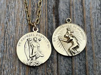 Gold Archangel Raphael & St Christopher Gold Medallion Necklace, Antique Replica Protection 2-sided Medal, Saint Healing, Saint Safe Travels