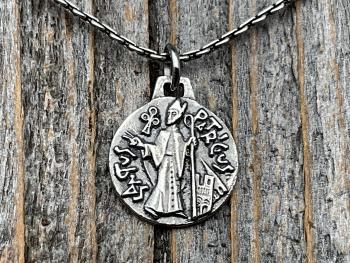 Small Sterling Silver St Patrick Medallion Necklace, Antique Replica of Rare Modernist Medal signed by Ferdinand Py, Patron Saint of Ireland