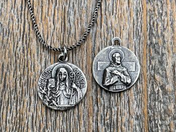 Fertility Saint Colette of Corbie Small Sterling Silver Antique Replica Medal and Necklace, By French Artists Penin & Karo 2-sided Medallion