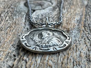 Sterling Silver Saint Padre Pio Antique Replica Medal Pendant Necklace, Saint Pius of Pietrelcina Medallion, Pray Hope and Don't Worry