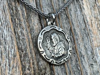 Sterling Silver Saint Padre Pio Antique Replica Medal Pendant Necklace, Saint Pius of Pietrelcina Medallion, Pray Hope and Don't Worry