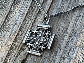 Sterling Silver Jerusalem Cross Pendant Necklace, Antique Replica Medal, Five-Fold Cross, Five Wounds of Christ Cross, Cross-and-Crosslets