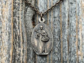 Bronze Saint Martin of Porres Medallion Pendant Necklace, Antique Replica, Oval 2-sided Martinus de Porres & Queen of the Holy Rosary Medal