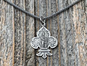 Sterling Silver St Anne Medallion Necklace, Fleur de Lis Pendant, Antique Replica Medal, Grandmother of Jesus, Patron Saint of Grandmothers