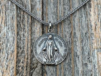 Sterling Silver Round Miraculous Medal Pendant Necklace, Antique Replica Circle Medallion, O Mary Conceived Without Sin Pray for Us, MM2