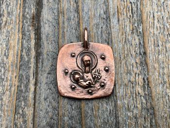 Antiqued Copper Mary Mother & Baby Jesus Medallion Necklace, Antique Replica of French Artist Elie Pellegrin Smaller Medal with Fleur de Lis