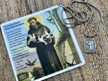 St Francis of Assisi Sterling Silver Blessing Prayer Medal Pendant Necklace, Saint Catholic Italian, Antique Replica, May the Lord Bless You