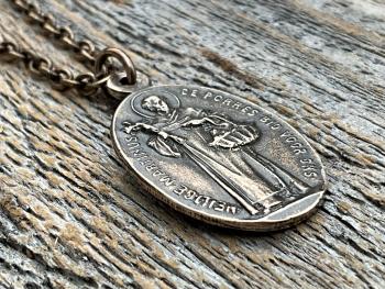 Bronze Saint Martin of Porres Medallion Pendant Necklace, Antique Replica, Oval 2-sided Martinus de Porres & Queen of the Holy Rosary Medal