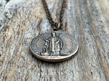 Bronze St Nicolas French Medallion Necklace, Antique Replica Saint Nicholas Medal, Patron Saint of Children, From France, Penin and Karo