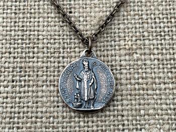 Bronze St Nicolas French Medallion Necklace, Antique Replica Saint Nicholas Medal, Patron Saint of Children, From France, Penin and Karo