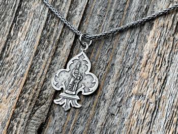 Sterling Silver St Anne Medallion Necklace, Fleur de Lis Pendant, Antique Replica Medal, Grandmother of Jesus, Patron Saint of Grandmothers