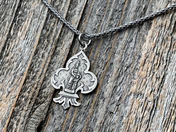 Sterling Silver St Anne Medallion Necklace, Fleur de Lis Pendant, Antique Replica Medal, Grandmother of Jesus, Patron Saint of Grandmothers