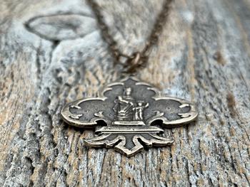 Bronze St Anne Medallion Necklace, Fleur de Lis Pendant, Antique Replica Medal, Patron Saint of Grandmothers, Mother’s Day Gift for Grandma