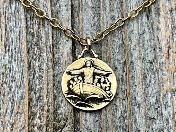 Gold Jesus Calms the Storm Medallion and Necklace, Antique Replica of a One of a Kind Rare Pendant, Hand Engraved "My Jesus Calm the Storm"