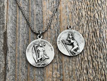 Sterling Silver Archangel Raphael & St Christopher Medallion Necklace, Antique Replica Protection 2-sided Medal, Saint Healing, Saint Safety