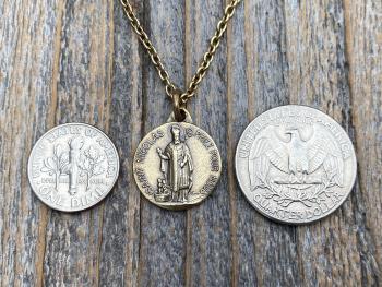 Antiqued Gold St Nicolas French Medallion Necklace, Antique Replica Saint Nicholas Medal, Patron Saint of Children, From France, Penin Karo