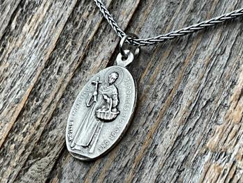 Sterling Silver Saint Martin of Porres Medallion Necklace, Antique Replica, Oval 2-sided Martinus de Porres & Queen of the Holy Rosary Medal