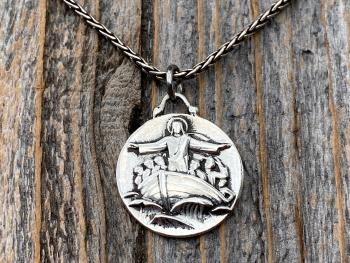 Sterling Silver Jesus Calms the Storm Medallion Necklace, Antique Replica of One of a Kind Pendant, Hand Engraved "My Jesus Calm the Storm"