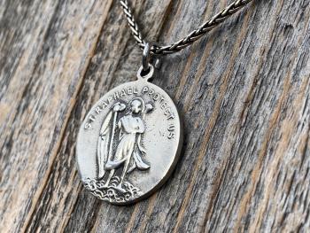 Sterling Silver Archangel Raphael & St Christopher Medallion Necklace, Antique Replica Protection 2-sided Medal, Saint Healing, Saint Safety