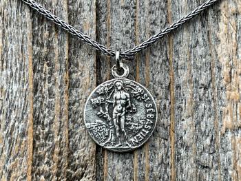 Saint Sebastian Sterling Silver Medal Necklace, Antique Replica, Patron Saint of Athletes & Soldiers Pendant, French St Sebastien Medallion