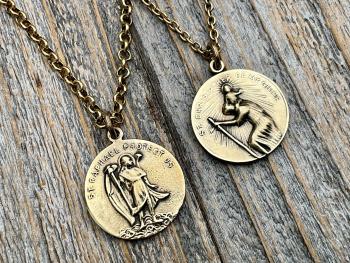 Antiqued Gold Archangel Raphael & St Christopher Medallion Necklace, Antique Replica Protection 2-sided Medal, Saint Healing, Saint Safety