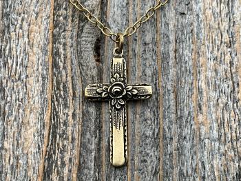 Antiqued Gold Cross Pendant & Necklace, Antique Replica of Rare European Rose Cross, Reproduction of Art Deco Circa 1930 Cross with Roses