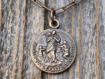 Bronze Our Lady Untier of Knots Medallion on Necklace, Antique Replica of French Our Lady Undoer of Knots Marian Devotion Pendant