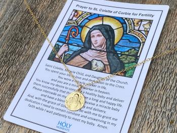 Fertility Saint Colette of Corbie Small Gold Antique Replica Medal and Necklace, By French Artists Penin & Karo, 2-sided Medallion Charm