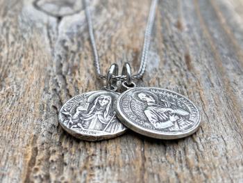 St Gerard Majella & St Colette of Corbie Sterling Silver Cluster Necklace, Patron Saints of Fertility + Expectant Mothers, Antique Replicas