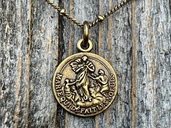 Antique Gold Our Lady Untier of Knots Medallion on Necklace, Antique Replica of French Our Lady Undoer of Knots Marian Devotion Pendant