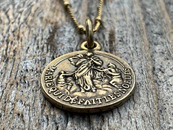 Antique Gold Our Lady Untier of Knots Medallion on Necklace, Antique Replica of French Our Lady Undoer of Knots Marian Devotion Pendant