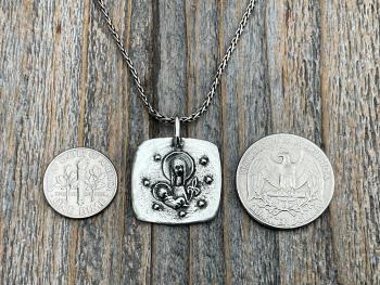 Sterling Silver Mother Mary and Baby Jesus Medallion Necklace, Antique Replica French Artist Elie Pellegrin Smaller Medal with Fleur de Lis