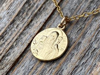 Fertility Saint Colette of Corbie Small Gold Antique Replica Medal and Necklace, By French Artists Penin & Karo, 2-sided Medallion Charm