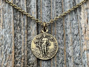 Antiqued Gold Saint Sebastian Medal Necklace, Patron Saint Athletes Soldiers, Antique Replica of Rare French St Sebastien Medallion Pendant