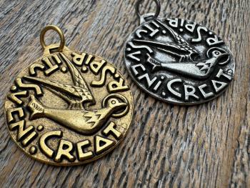 Large Come Holy Spirit Pendant, Antique Replica of Latin Veni Creator Spiritus Medallion, Come Creator Spirit, Holy Ghost Dove Round Medal