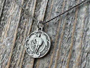 Small Antiqued or Shiny Sterling Silver St Michael Medal, Antique Replica of Rare French Medallion, Saint Michael the Archangel Pendant