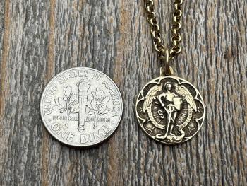 Small Antiqued or Shiny Gold Bronze St Michael Medal, Antique Replica of Rare French Medallion, Smaller Saint Michael the Archangel Pendant